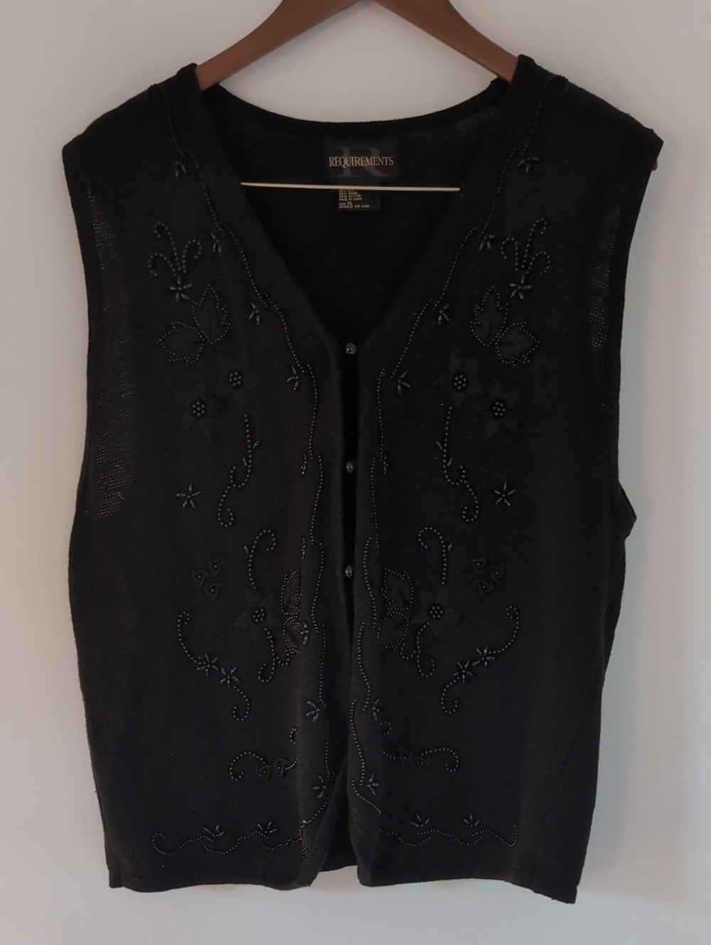 Requirements XL Black Beaded Floral Knit Vest Embroidered Feminine
